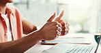 Laptop, thumbs up and video call with business person at desk in office for virtual meeting or webinar. Agreement, deal and success with design employee in creative workplace for feedback or support