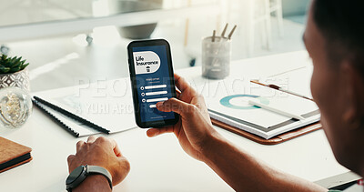 Buy stock photo Phone, screen and hands of person with life insurance for health, medical aid and policy. Professional, office and worker on smartphone for online application, healthcare and protection on mobile app
