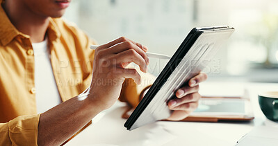 Buy stock photo Hands, tablet and businessman in office for research on company data privacy for information protection. Digital technology, cybersecurity and male engineer online with password management for login.