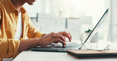 Buy stock photo Typing, laptop and hands of businessman in office for online planning, writing proposal and research. Creative, professional and worker on computer for project, website reviewer and internet feedback