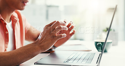 Buy stock photo Hands, laptop and video call with business person at desk in office for virtual meeting or webinar. Communication, computer and online training with employee in workplace for feedback or update
