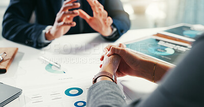 Buy stock photo Business people, documents and hands for data analytics, meeting or graph and chart discussion at office. Research, company statistics and strategy for analysis in b2b corporate project management