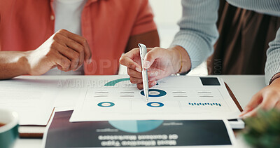 Buy stock photo Hands, graphs and business people with documents, teamwork and planning for subscription growth. Closeup, SEO analyst and employees with paperwork, brainstorming and charts with productivity