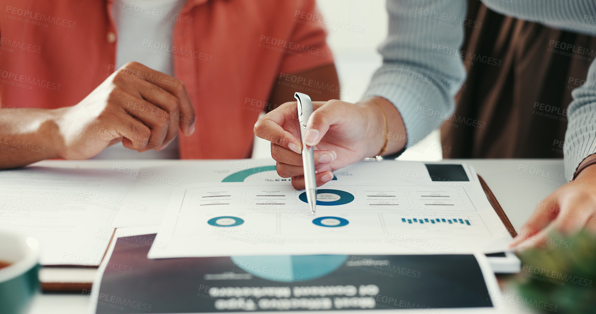 Buy stock photo Hands, graphs and business people with documents, teamwork and planning for subscription growth. Closeup, SEO analyst and employees with paperwork, brainstorming and charts with productivity