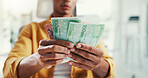 Man, hands and counting money in office, savings and account for financial revenue. Male person, economic currency and professional fortune in workplace, company increase and wealthy investment