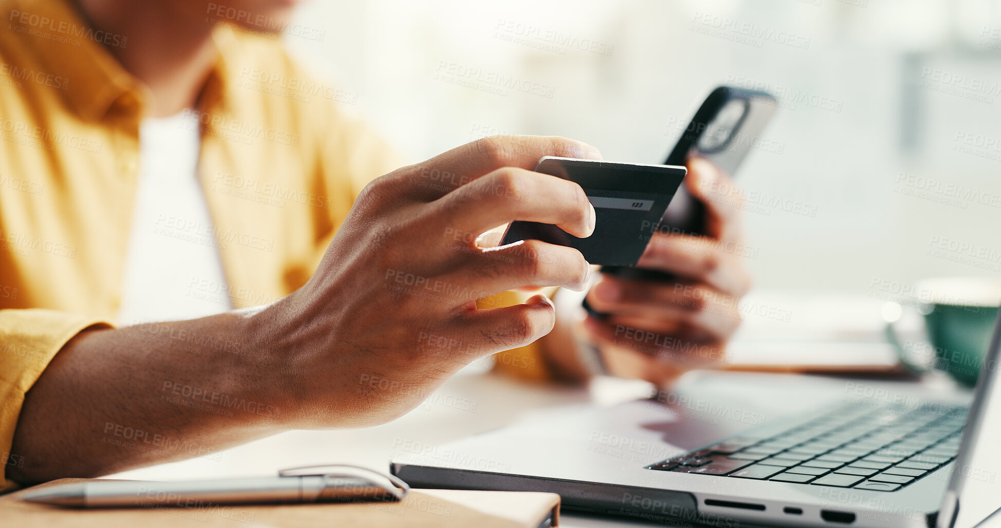 Buy stock photo Credit card, hands and phone with business person closeup in office for online bank payment. Budget, financial portfolio and laptop with broker or investor in workplace for stock market trading