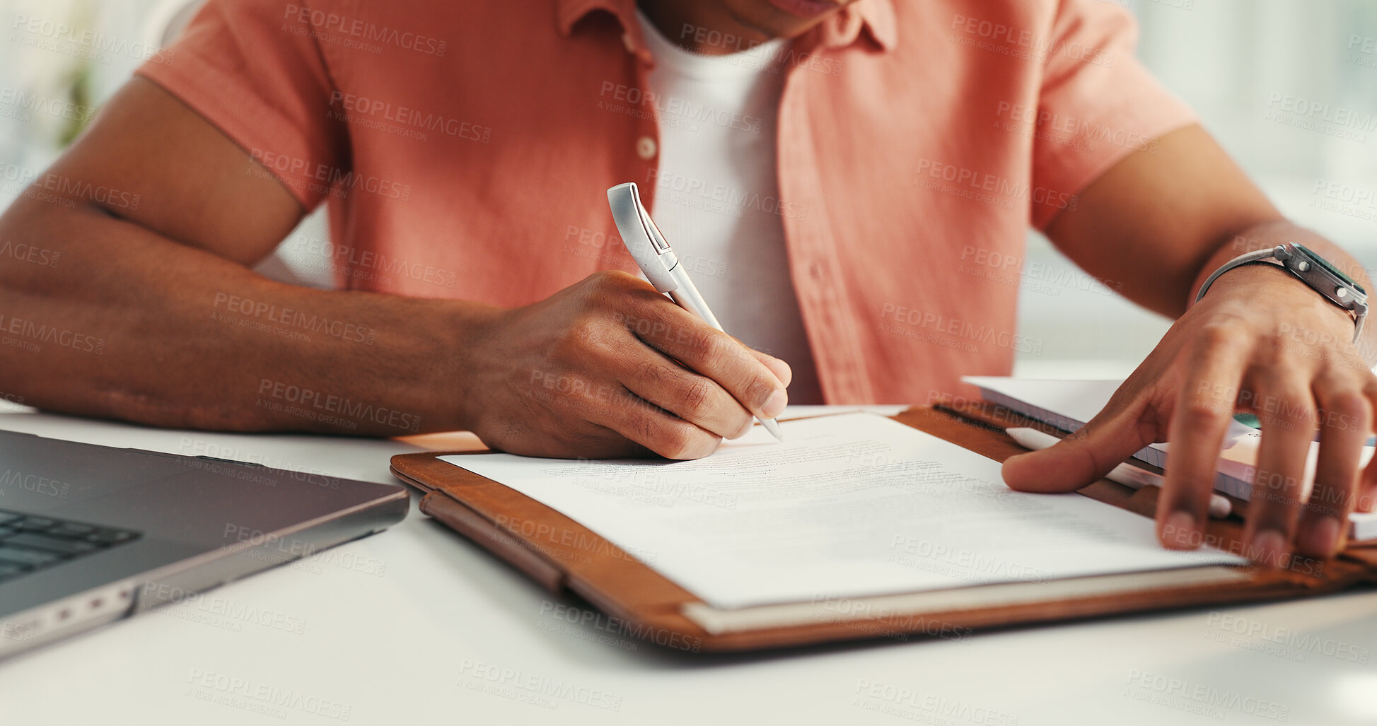 Buy stock photo Man, hands and writing notes in office, professional inspiration and planning for article. Notebook, news agency and brainstorming information for column in workplace, journalist and story ideas