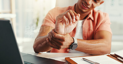 Buy stock photo Man, hand pain and laptop injury in office, bruise and carpal tunnel tension or inflammation. Male person, muscle strain and keyboard accident in workplace, hurt joint and professional arthritis
