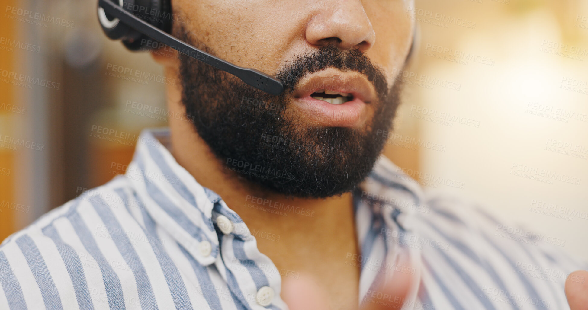 Buy stock photo Headset, remote work and man speaking to client for telemarketing, tech support or customer service help. Male agent, talking and virtual assistant for hotline advice, server or faq for call center