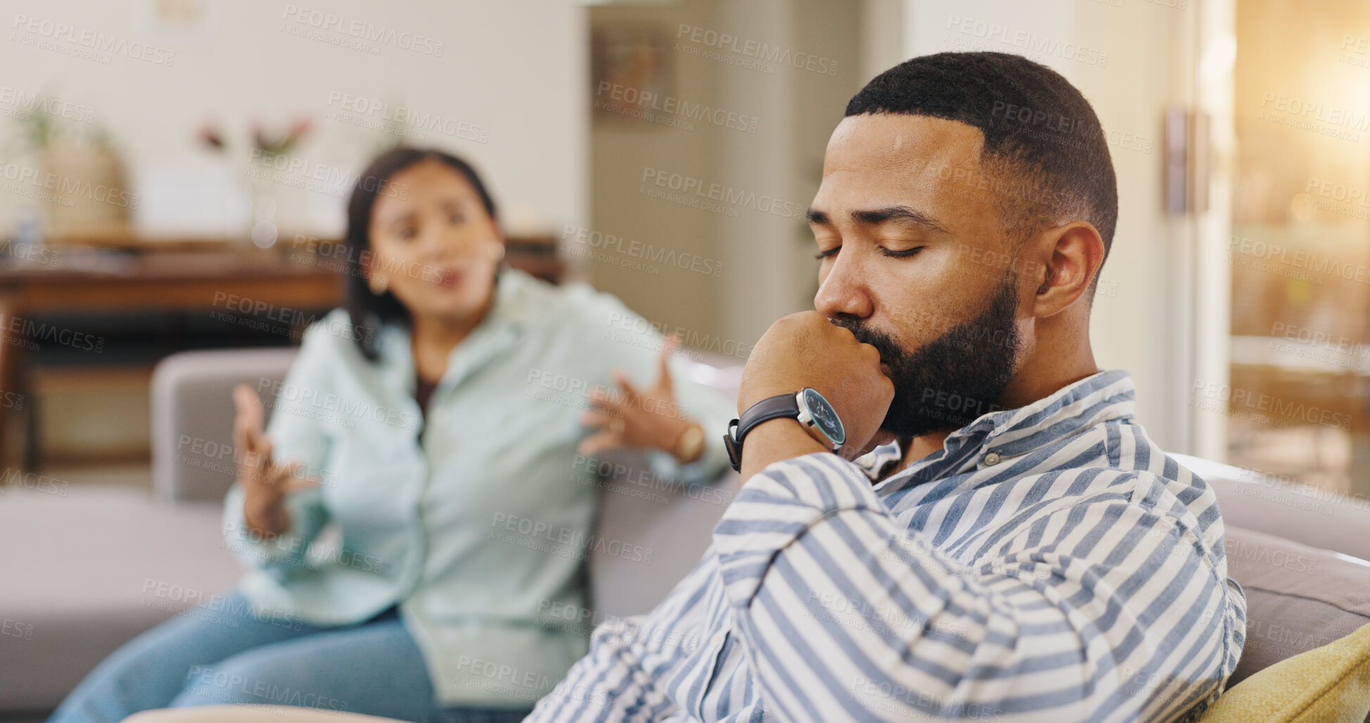 Buy stock photo Man, frustration and couple fighting in home, angry and argument on toxic relationship. People, divorce separation and dispute on marriage mistake or disaster in living room, drama and conflict