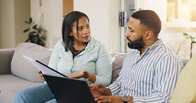 Buy stock photo Stress, finance and planning with couple on sofa for debt solution, home loan application and budget expenses. Mortgage payment, emergency savings and inflation with man and woman for taxes and worry