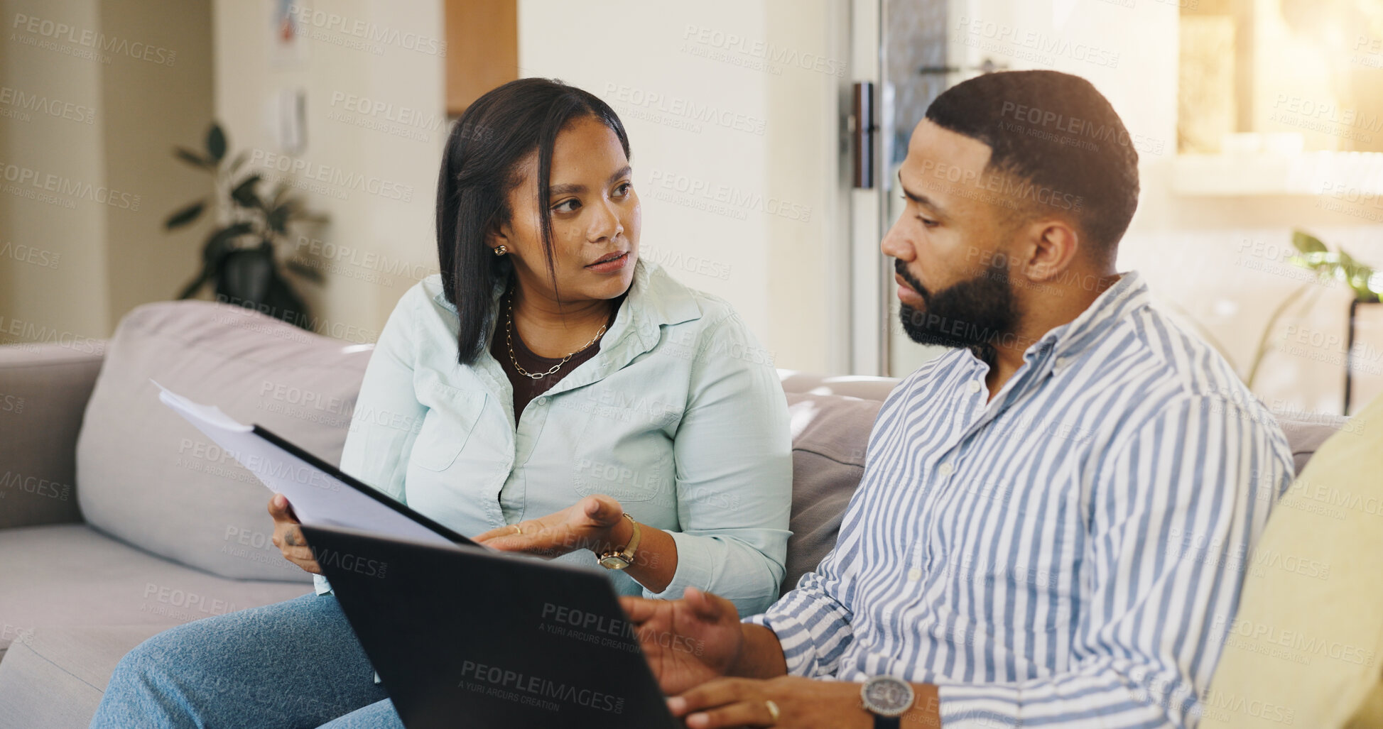 Buy stock photo Stress, finance and planning with couple on sofa for debt solution, home loan application and budget expenses. Mortgage payment, emergency savings and inflation with man and woman for taxes and worry