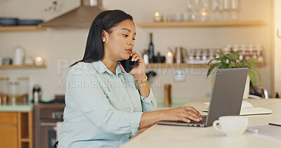 Buy stock photo Woman, phone call and laptop in home for remote work, planning and booking appointment. Private house manager, tech and contact in kitchen for service, schedule update and problem solving for banking