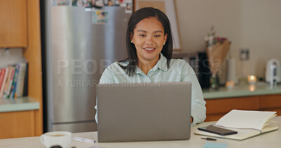 Buy stock photo Remote work from home, laptop and woman with smile, internet and connection with online reading. Person, writer and copywriting with computer, research for project and creativity with ideas and book
