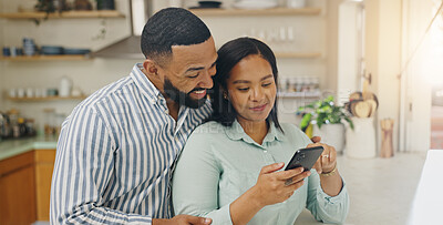 Buy stock photo Couch, smile and couple with smartphone, digital and research for home loan, online or newlyweds in lounge. Love, man and woman with tech for credit score, living room or planning for budget of house