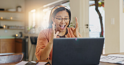 Buy stock photo Laptop, surprise and finance with woman in kitchen for home loan approval, tax refund success and budget. Wow, winner and good news with person in house for purchase achievement and trading bonus