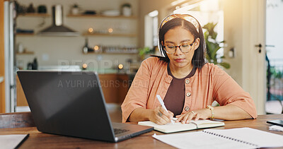 Buy stock photo Laptop, remote work and woman with notebook for client feedback, tech support or customer service help. Agent, website and virtual assistant for hotline advice, notes or faq for communication