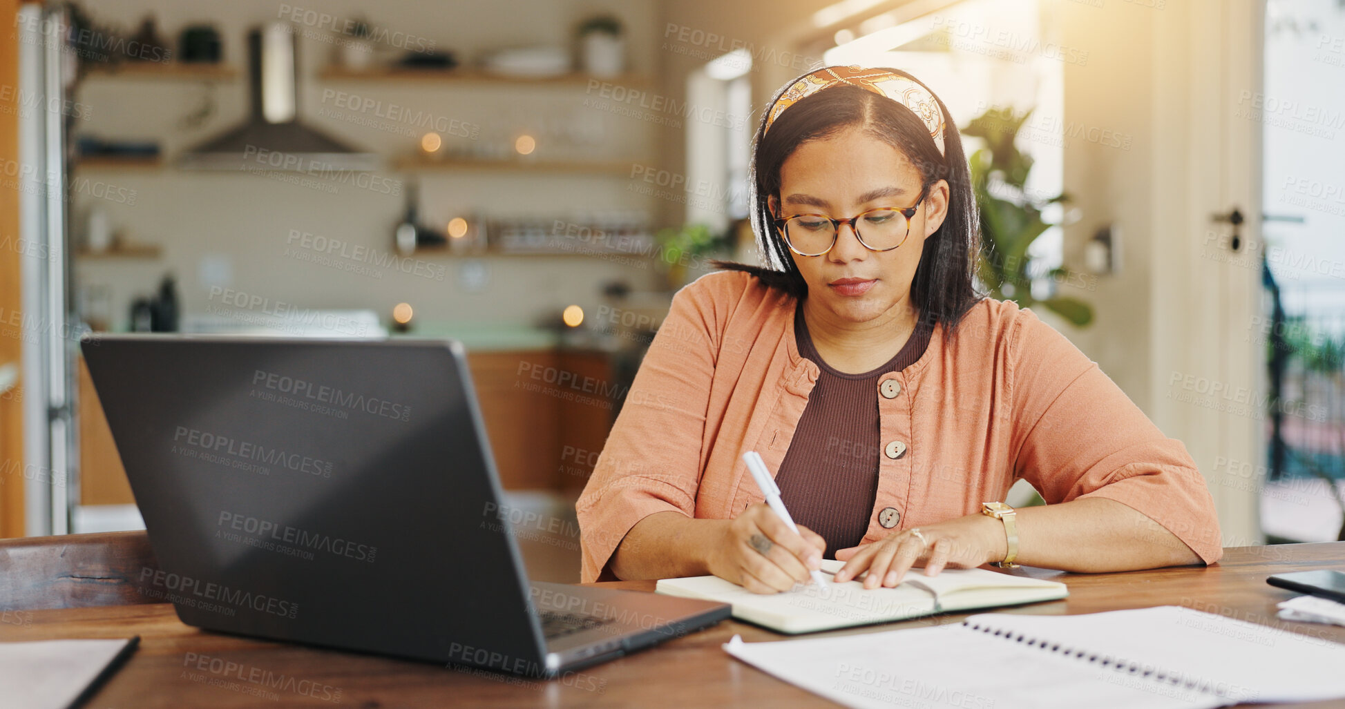 Buy stock photo Laptop, remote work and woman with notebook for client feedback, tech support or customer service help. Agent, website and virtual assistant for hotline advice, notes or faq for communication