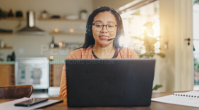 Buy stock photo Headset, remote work and woman speaking to client for contact us, tech support or customer service help. Agent, talking and virtual assistant for hotline advice, server or faq for call center