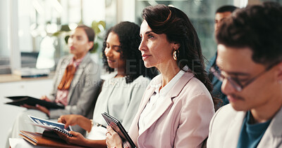 Buy stock photo Attention, notes and group of business people at seminar with corporate training, ideas and planning. Men, women and audience in company meeting for growth, development and agenda in conference room