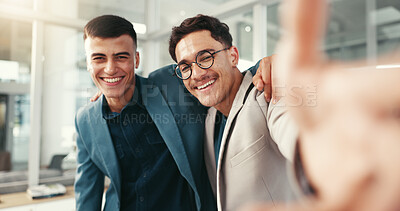 Buy stock photo Business, selfie and smile of men friends in office together for social media profile picture. Corporate, hug and portrait of happy employee team at work for about us, memories or photograph