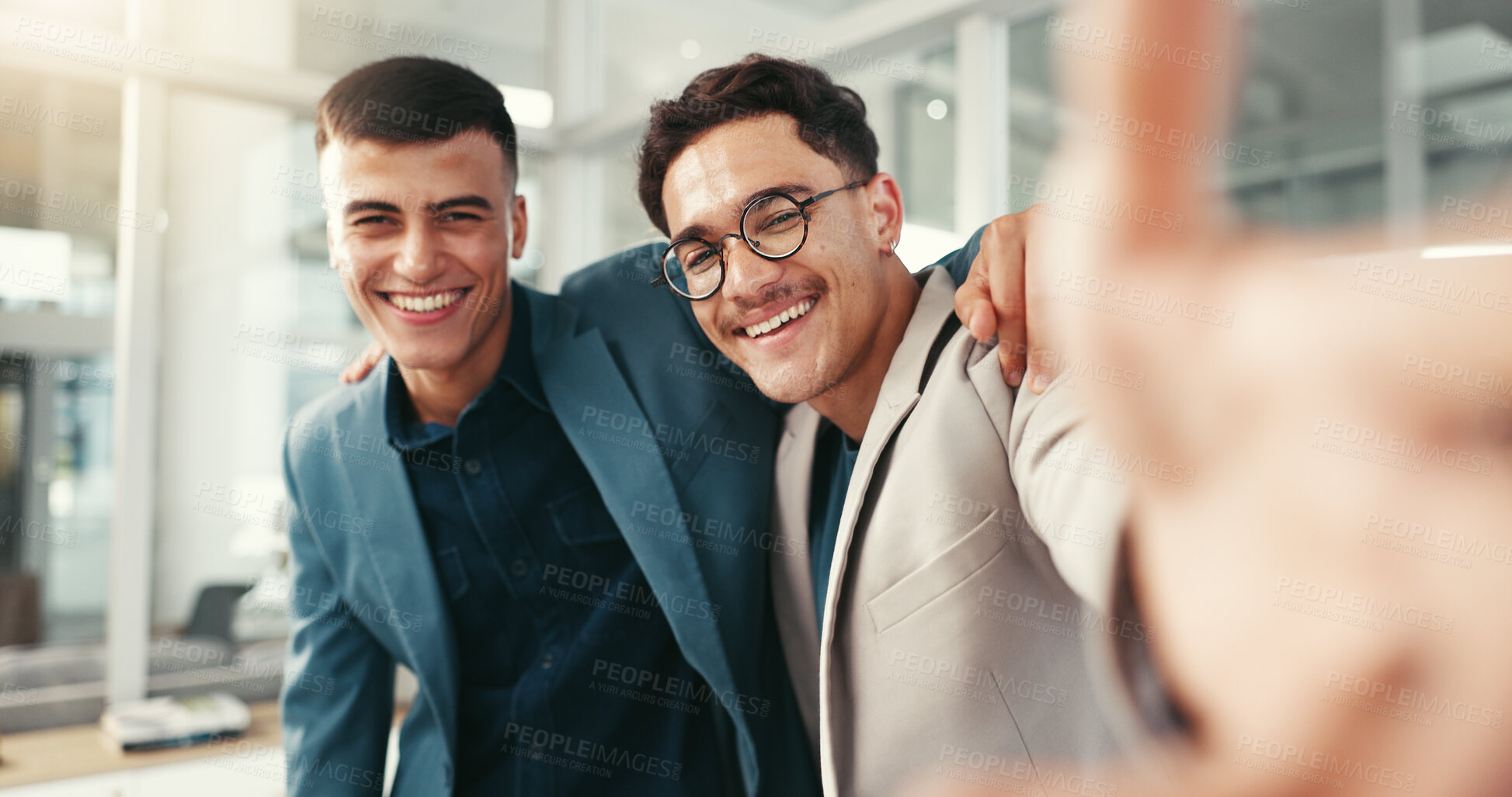 Buy stock photo Business, selfie and smile of men friends in office together for social media profile picture. Corporate, hug and portrait of happy employee team at work for about us, memories or photograph