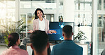 Presentation, meeting and business woman in office for conference, tradeshow and seminar. Public speaking, corporate and person at company event for digital platform, tech training and workshop