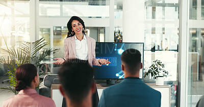 Buy stock photo Presentation, meeting and business woman in office for conference, tradeshow and seminar. Public speaking, corporate and person at company event for digital platform, tech training and workshop