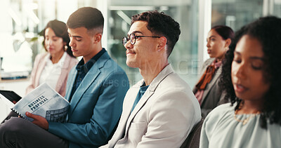 Buy stock photo Proposal, listening and group of business people at seminar with corporate training, ideas and planning. Men, women and audience in company meeting for growth, development and agenda at conference