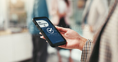 Buy stock photo Phone, life insurance and hands of woman for approval with security, safety and policy. Screen, office and worker on smartphone for online application, company benefits and protection on mobile app
