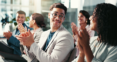 Buy stock photo Business people, audience and man for applause in office, workshop and accountants training at company. Group, staff and manager with clapping for support, celebration and smile for meeting success