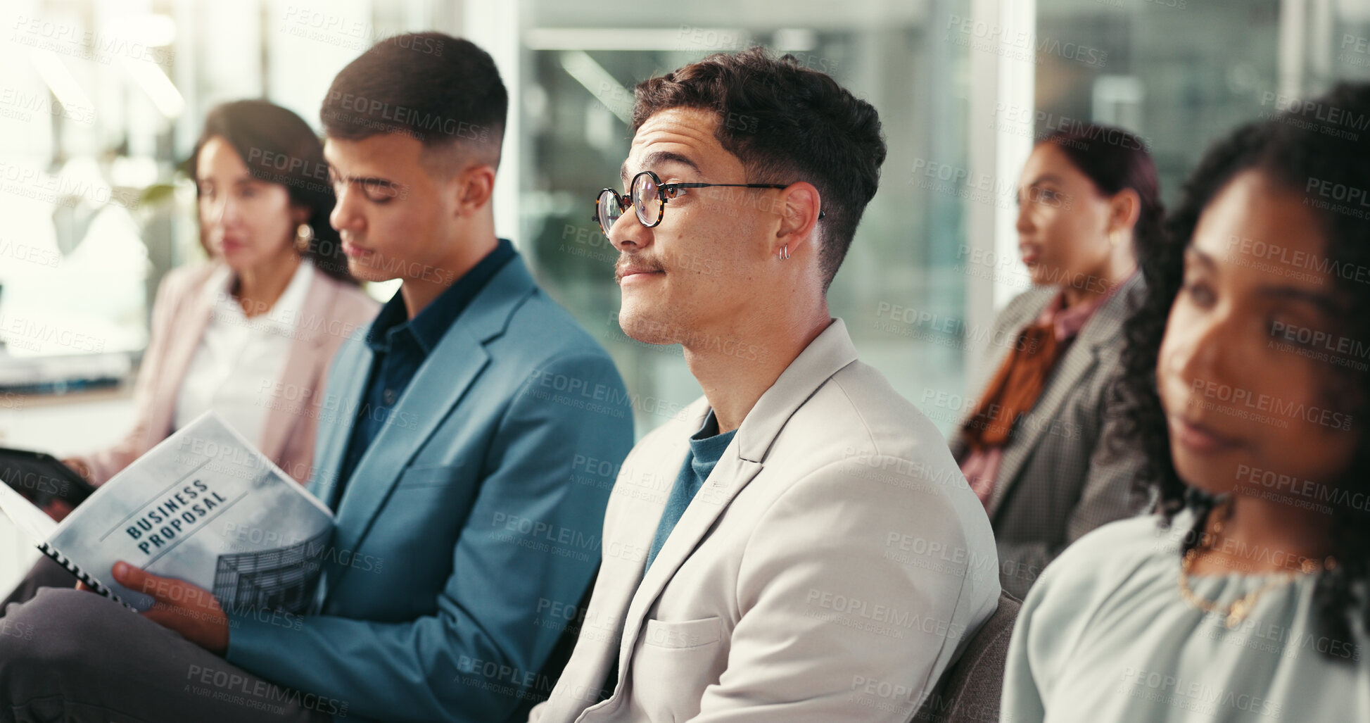 Buy stock photo Proposal, event and group of business people at seminar with corporate training, ideas and planning. Men, women and audience in company meeting for growth, development and agenda in conference room