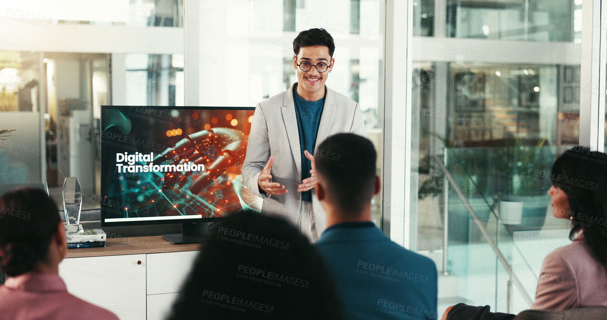 Buy stock photo Presentation, digital transformation and man in office for meeting, tradeshow and seminar. Public speaking, conference and person at event for ai integration, tech training and innovation workshop