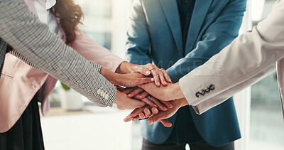 Buy stock photo Hands, huddle and team building with business people in office together for solidarity or unity. Collaboration, motivation and stack with employee group in workplace for celebration or success