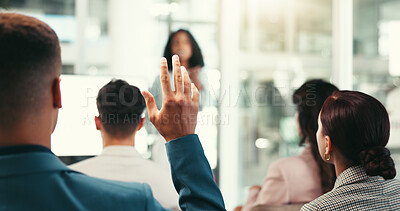 Buy stock photo Back, businessman and hand in presentation for question, vote and opinion feedback. Person, corporate audience and gesture in seminar with idea, employee engagement and volunteer in office meeting