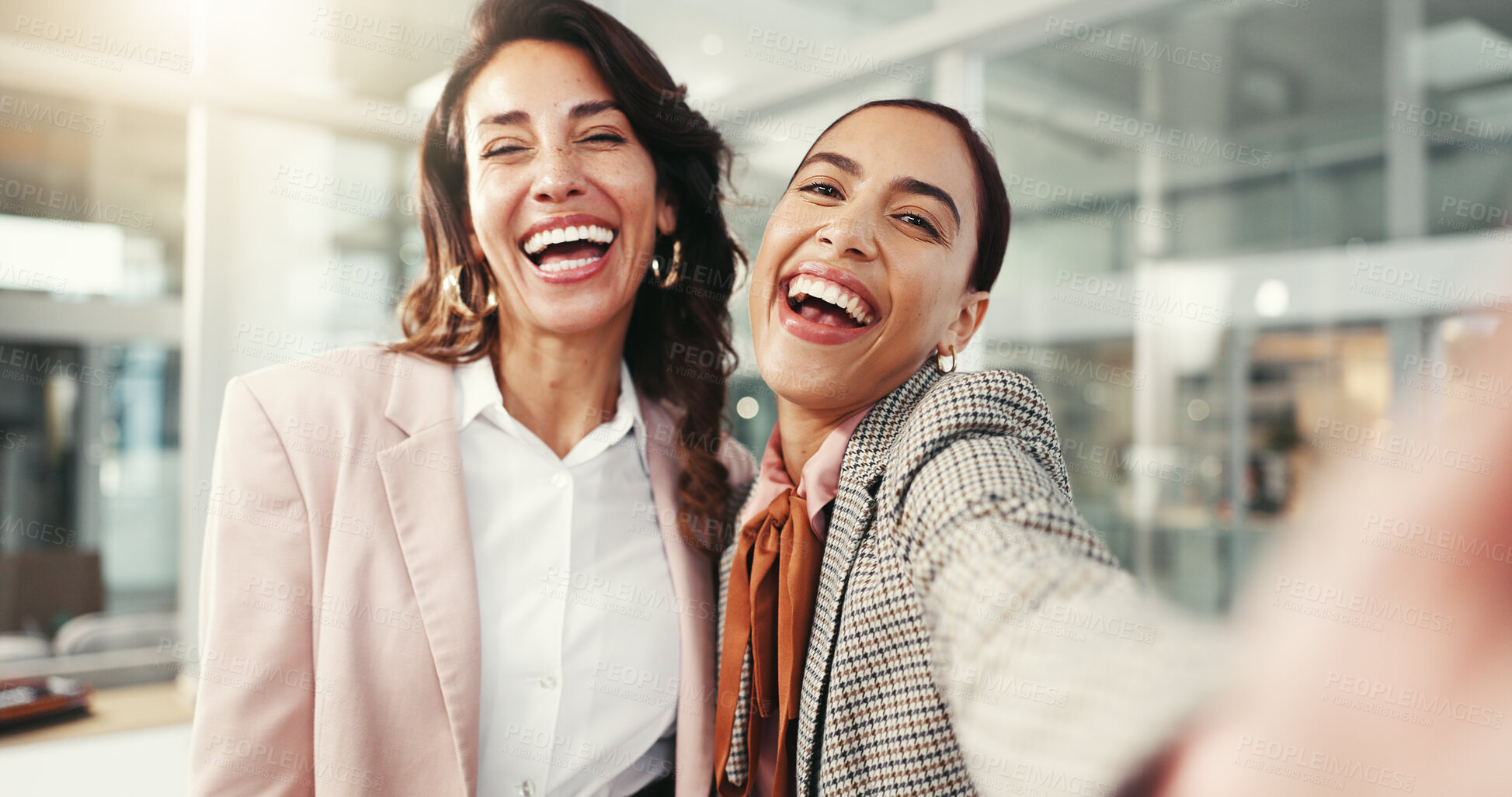 Buy stock photo Business, laughing and selfie of women friends in office together for social media profile picture. Corporate, funny and portrait of happy employee team at work for about us, memory or photograph