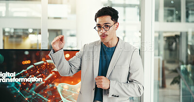 Buy stock photo Presentation, digital transformation and man in office for conference, tradeshow and seminar. Public speaking, corporate and person at business event for ai integration, tech training and workshop