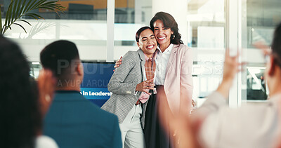 Buy stock photo Office, award and business women in seminar for well done, achievement and celebration. Corporate, company reward and happy workers clapping hands for success, promotion announcement and thank you