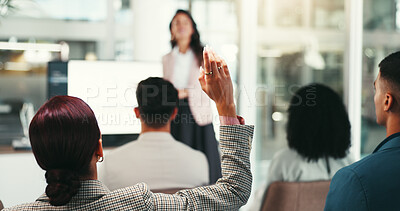 Buy stock photo Back, woman and question in presentation for business, vote and opinion feedback. Person, corporate audience and gesture in seminar with idea, employee engagement and volunteer in office meeting