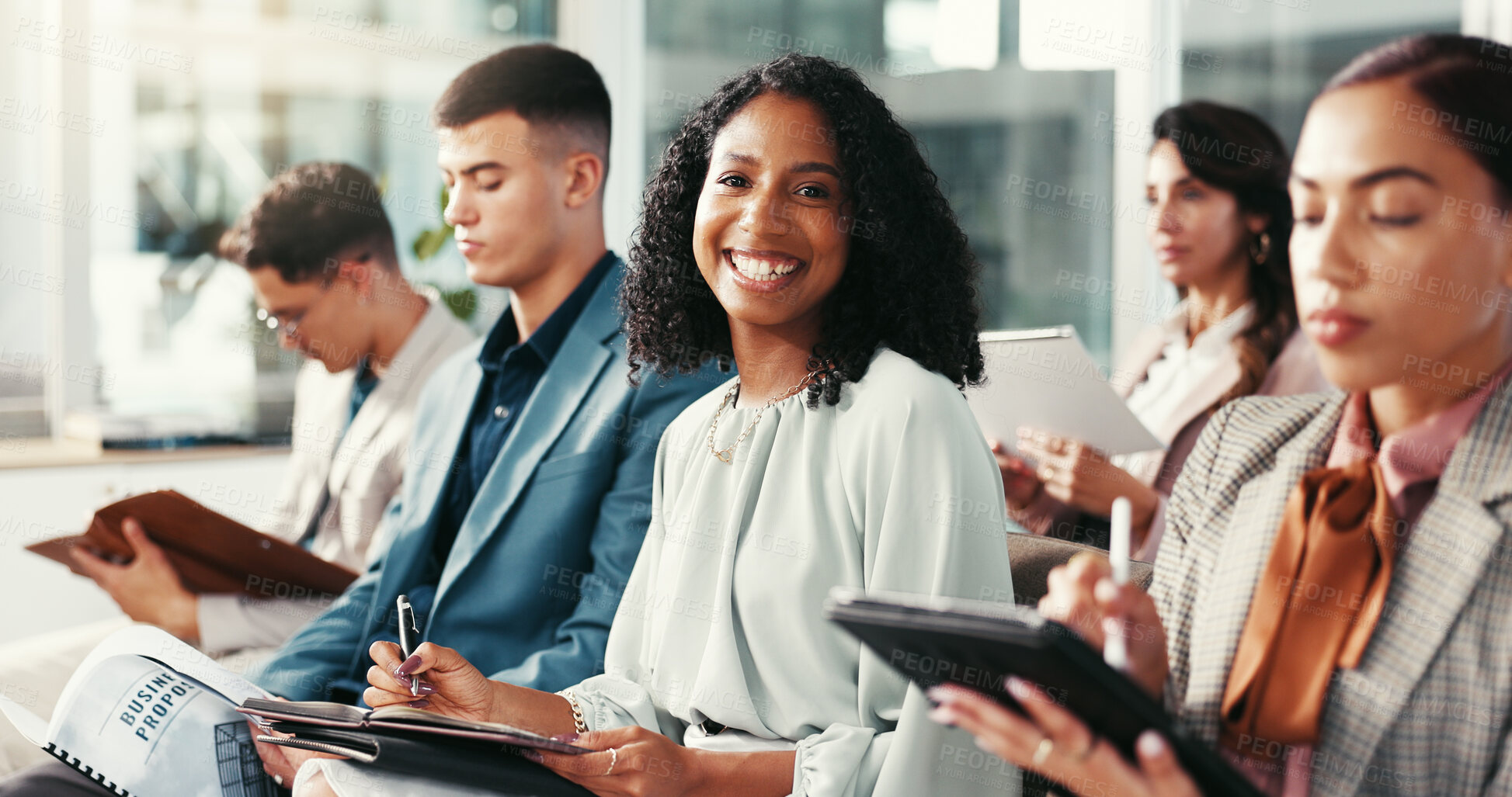 Buy stock photo Business people, woman and portrait with document for conference, corporate training or career growth. Office, audience and accountant with smile for meeting, finance information or workshop for firm