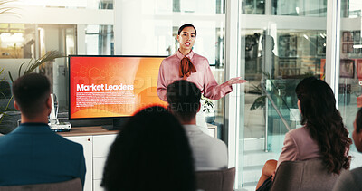 Buy stock photo Presentation, marketing conference and woman in office for tradeshow, convention and seminar. Public speaking, audience and person at business event for meeting, sales training and company workshop 