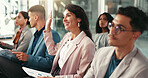 Smile, question and group of business people at seminar with corporate training, ideas and proposal planning. Men, women and audience in company meeting for growth, development and faq at conference
