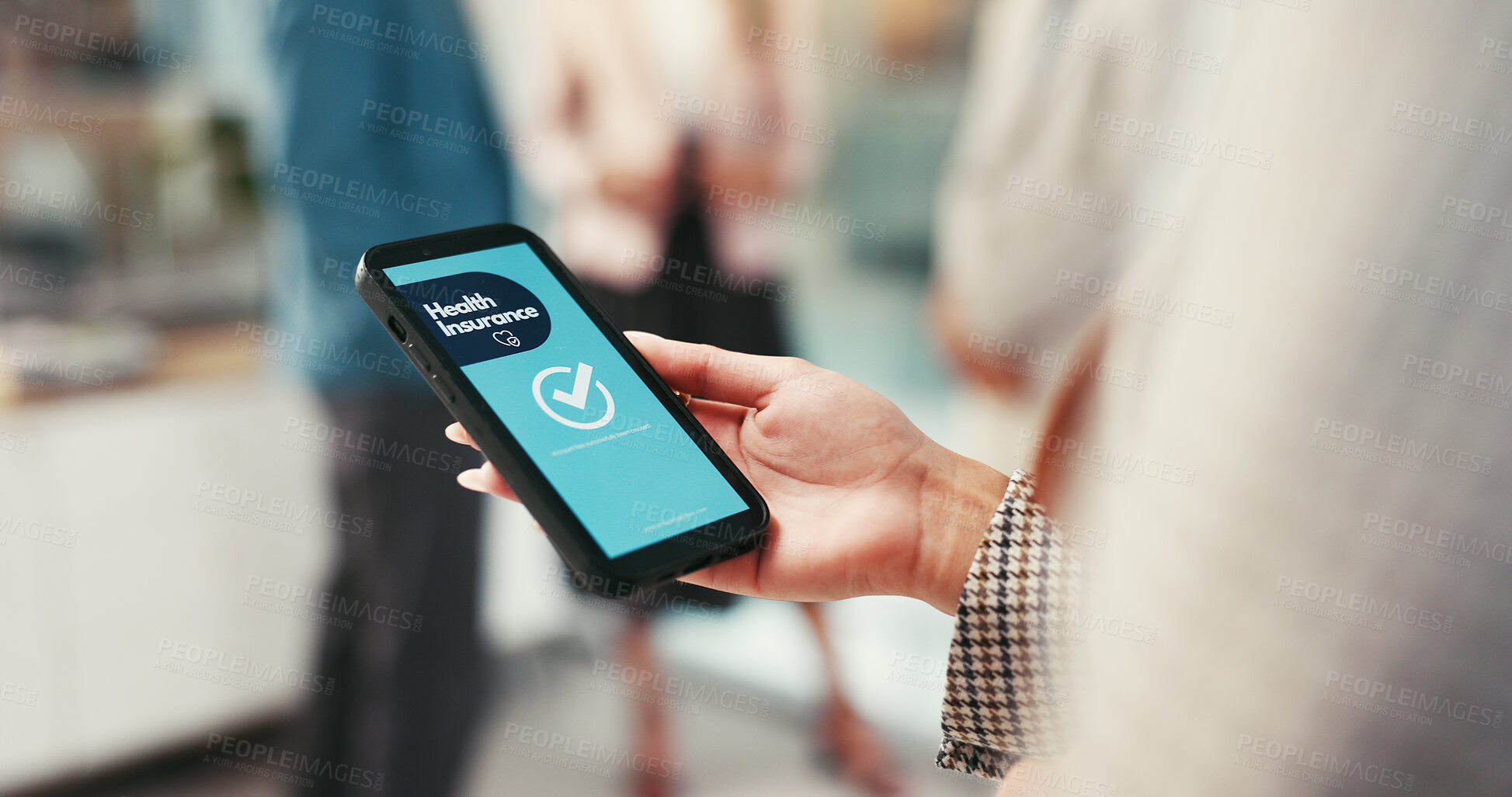 Buy stock photo Phone screen, health insurance and hands of person for medical aid, assurance and policy. Approval, office and worker on smartphone for online application, company benefits and healthcare on app