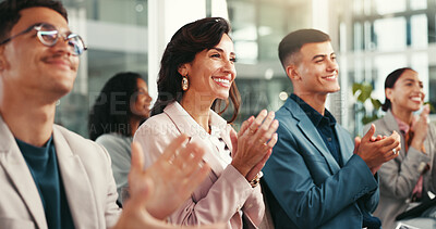 Buy stock photo Business people, audience and happy for applause in office, workshop and accountants training at company. Group, staff and manager with clapping for support, celebration and smile for meeting success