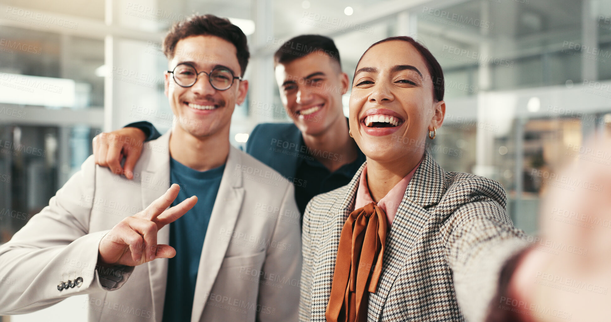 Buy stock photo Laughing, peace sign and selfie of business people in office together for social media profile picture. Corporate, funny and portrait of happy employee friends at work for memory or photograph