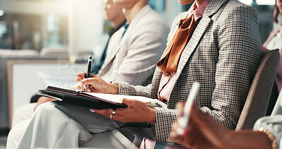 Buy stock photo Presentation, audience and business people with notes in office listening to conference, training and meeting. Corporate, professional and workers with notebook in workshop, convention and seminar