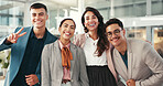 About us, portrait and smile of business people in office together for friendly introduction or welcome. Diversity, peace sign and satisfaction with employee friends in workplace for collaboration