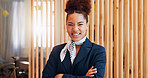 Hotel, smile and portrait of woman at reception for welcome, travel booking or luxury accommodation. Happy, face and receptionist at front desk for check in at hospitality service with confidence