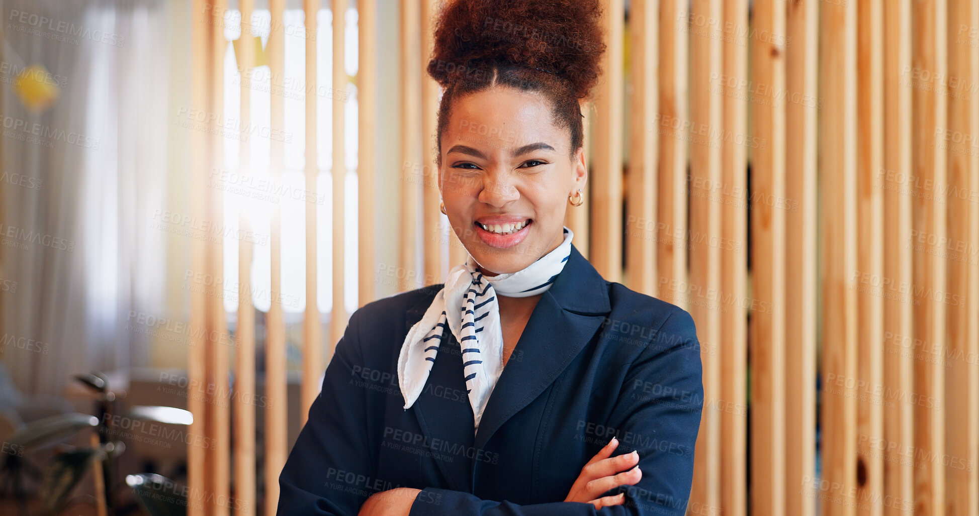 Buy stock photo Hotel, smile and portrait of woman at reception for welcome, travel booking or luxury accommodation. Happy, face and receptionist at front desk for check in at hospitality service with confidence