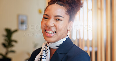 Buy stock photo Hotel, happy and portrait of woman at reception for welcome, travel booking or luxury accommodation. Smile, face and receptionist at front desk for check in at hospitality service with confidence